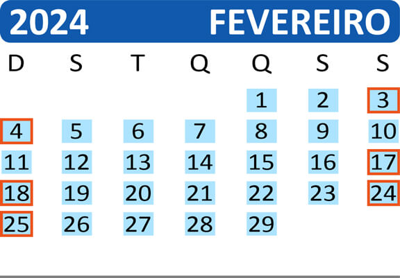 Calendário de Saídas do Passeio de Trem de Curitiba a Morretes no mês de Fevereiro