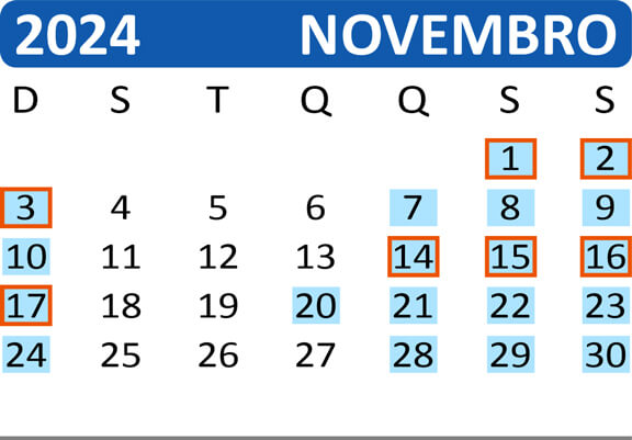 Calendário de Saídas do Passeio de Trem de Curitiba a Morretes no mês de Novembro